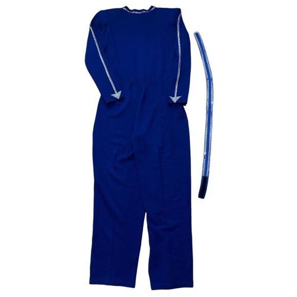 ST. JOHN Size 14 Royal Blue Made In USA Rhinestone Trimmed Knit Jumpsuit Pockets - Picture 11 of 16